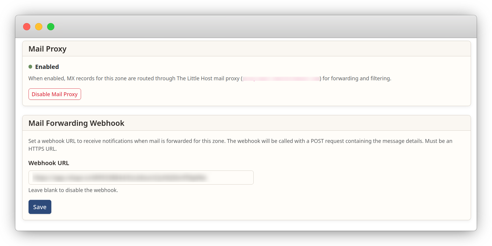 Mail Proxy control panel showing enable/disable toggle and webhook URL configuration