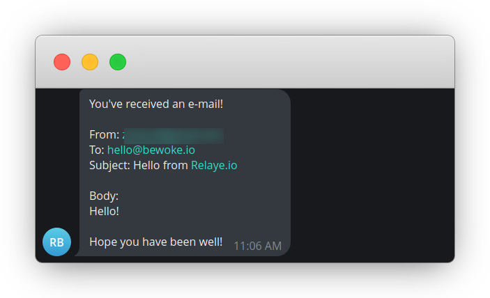 Telegram notification showing inbound email details forwarded via webhook